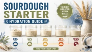 A professional 3D rendered infographic showing sourdough starter hydration ratios in a watercolor style.