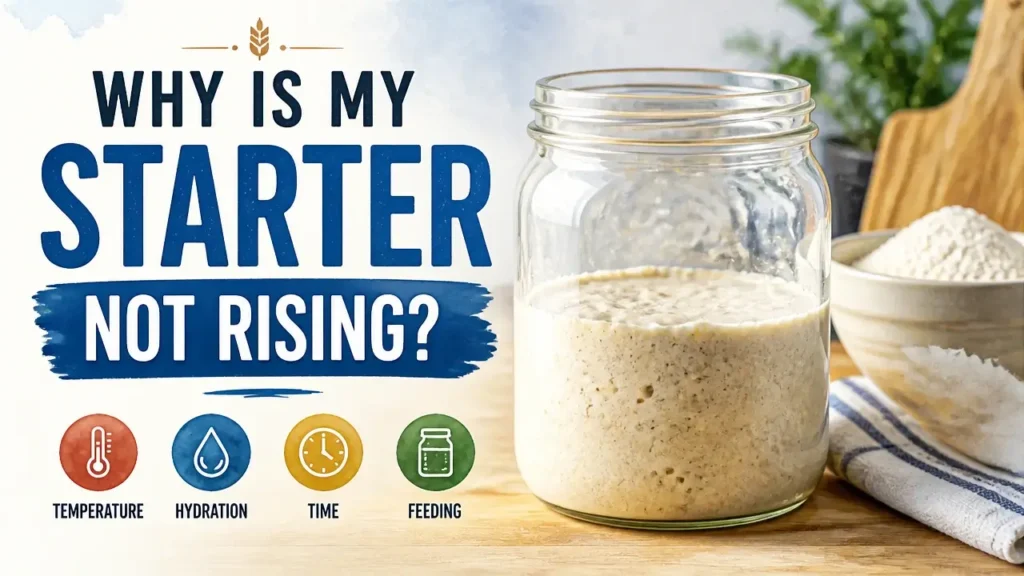 A stylized 3D rendering of a glass jar with inactive sourdough starter, illustrating the concept of a sourdough starter not rising.
