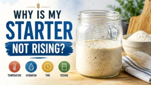 A stylized 3D rendering of a glass jar with inactive sourdough starter, illustrating the concept of a sourdough starter not rising.