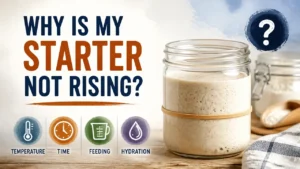 A professional 3D watercolor-style graphic showing a flat sourdough starter in a glass jar with troubleshooting infographic elements.