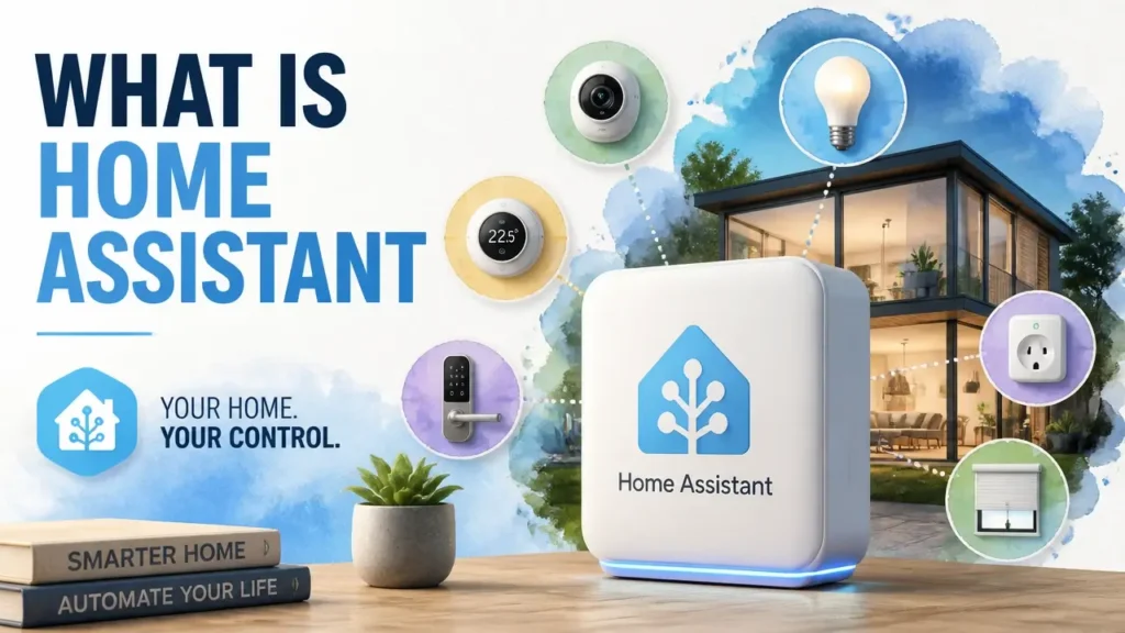 Hyper-realistic 3D rendering with watercolor textures depicting smart home automation concepts for the guide What Is Home Assistant.