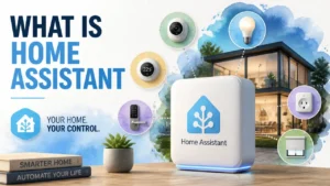 Hyper-realistic 3D rendering with watercolor textures depicting smart home automation concepts for the guide What Is Home Assistant.