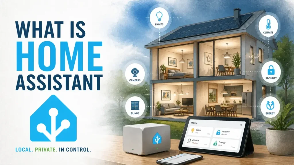 A stylized 3D rendered graphic illustrating the concept of What Is Home Assistant with smart home automation icons.