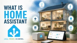 A stylized 3D rendered graphic illustrating the concept of What Is Home Assistant with smart home automation icons.