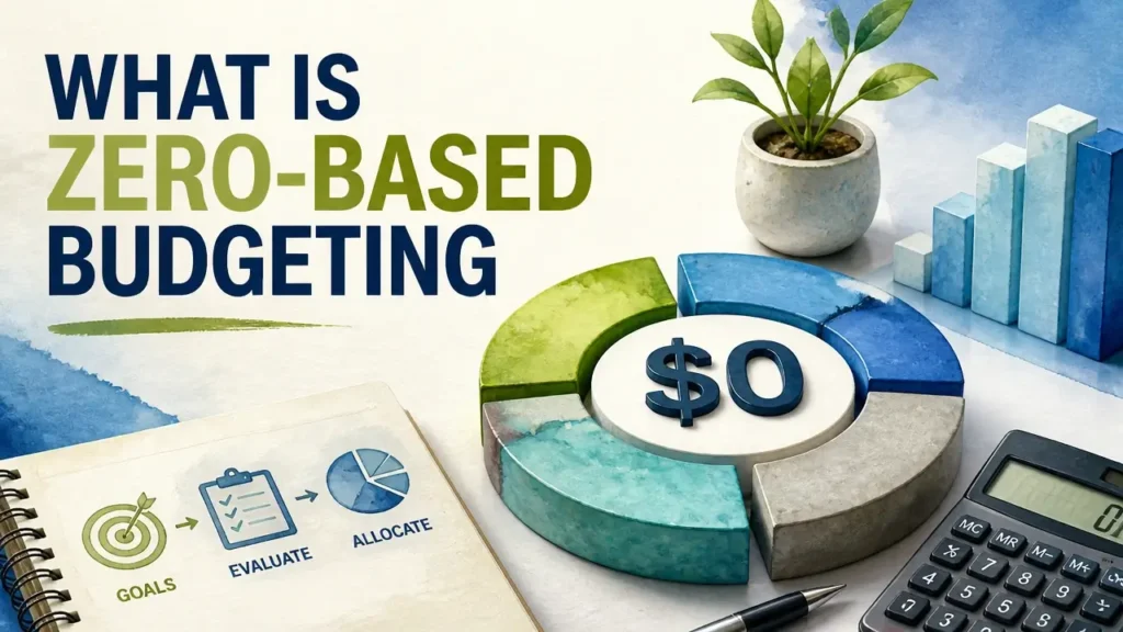 A hyper-realistic 3D rendering with watercolor textures depicting a balanced zero-based budgeting concept for personal finance