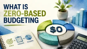 A hyper-realistic 3D rendering with watercolor textures depicting a balanced zero-based budgeting concept for personal finance