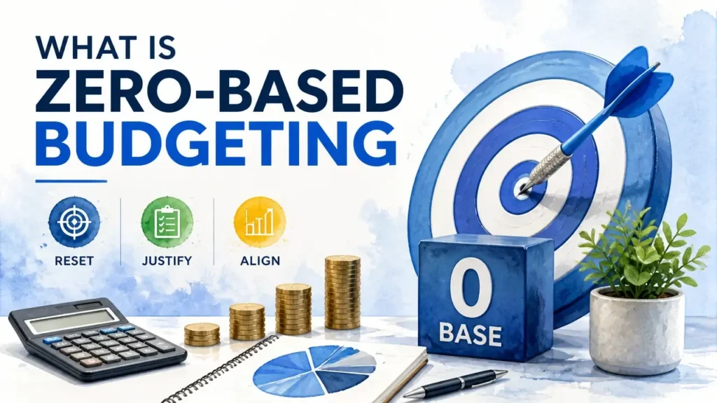 A professional 3D infographic illustrating zero-based budgeting explained with modern design elements